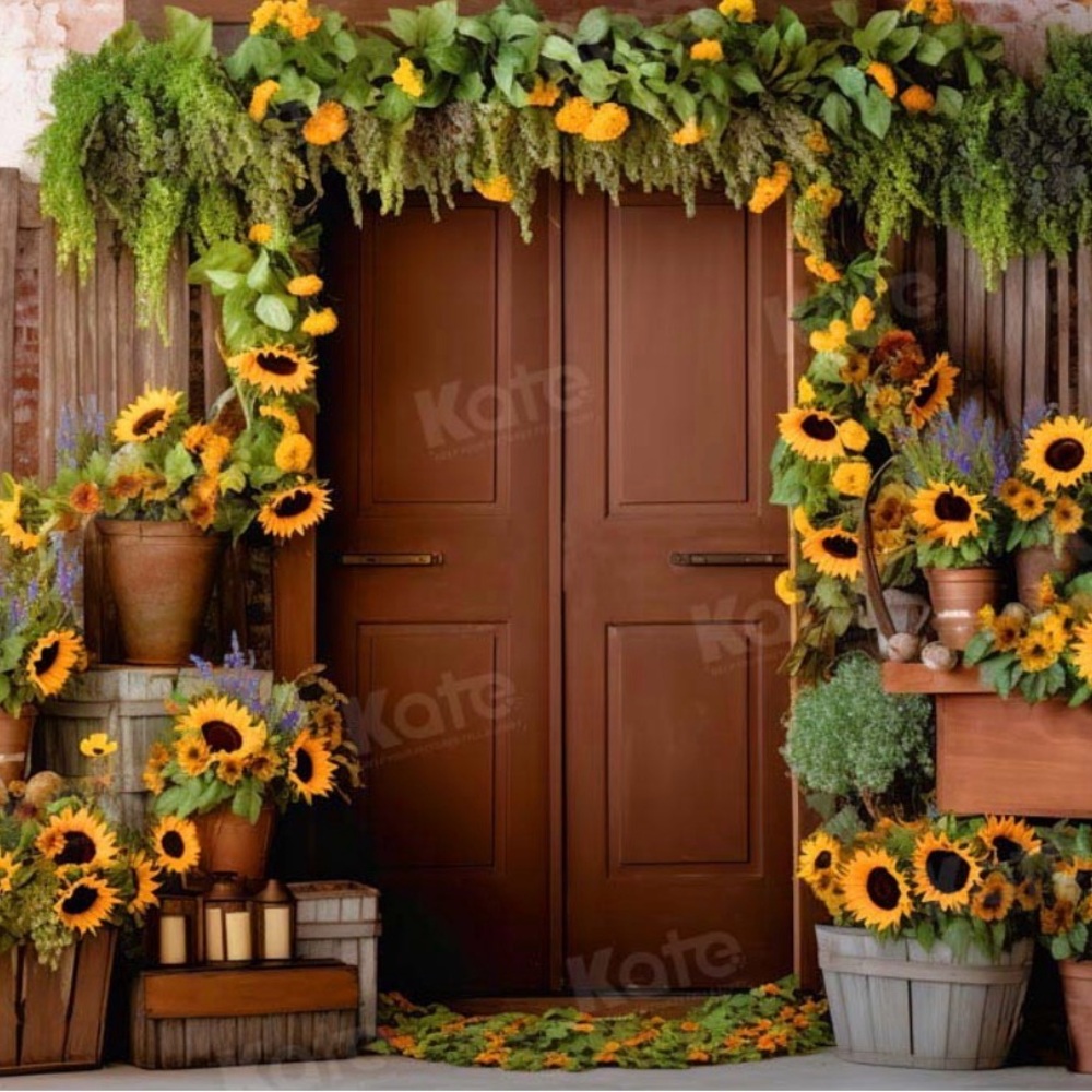 Rustic Brown Door with Sunflower Decor Backdrop